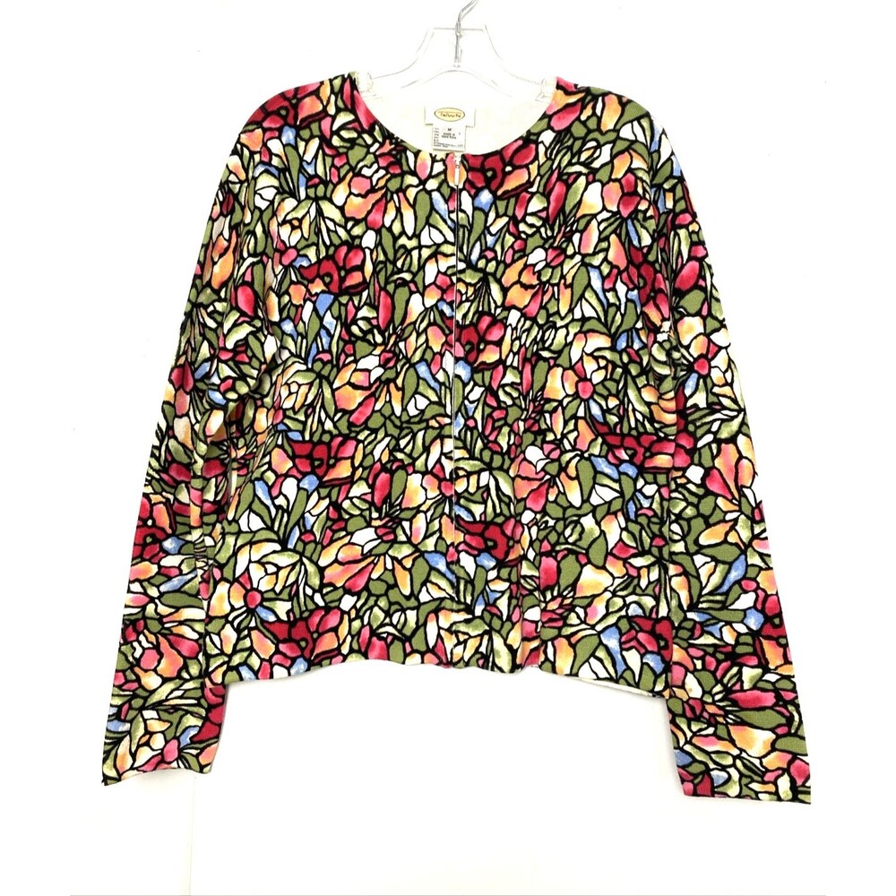 Talbots Cardigan M Women’s Zip Up Sweater Multicolor Floral Stain Glass Cotton